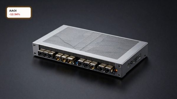 Applied Optoelectronics Plunge highlighted by an 800G optical transceiver module on a dark studio background