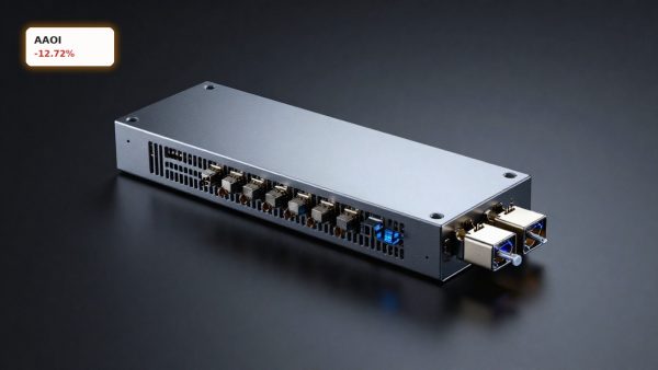 Applied Optoelectronics Plunge highlighted by an 800G optical transceiver module on a dark studio background