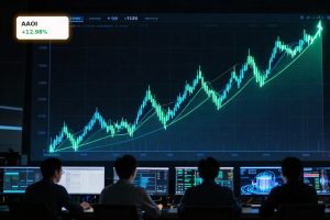 Applied Optoelectronics Forecast visualized by a dramatic AI stock rally chart on trading screens.