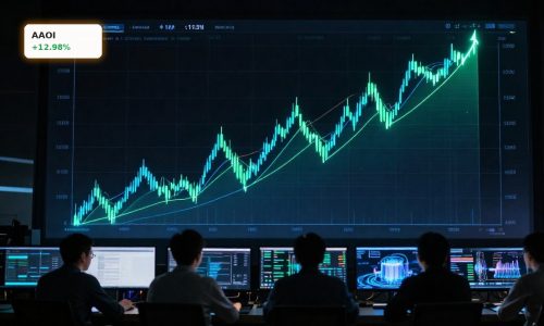 Applied Optoelectronics Forecast visualized by a dramatic AI stock rally chart on trading screens.
