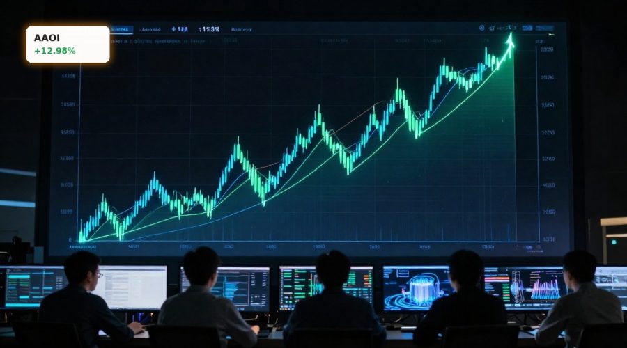 Applied Optoelectronics Forecast visualized by a dramatic AI stock rally chart on trading screens.