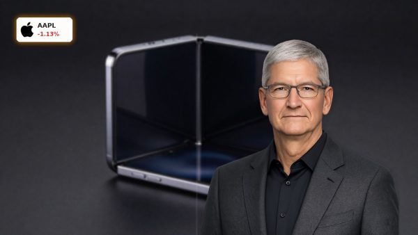 Apple AI Strategy highlighted by a premium foldable smartphone on a dark background with cinematic lighting