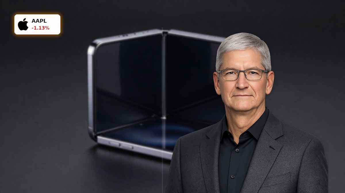 Apple AI Strategy highlighted by a premium foldable smartphone on a dark background with cinematic lighting