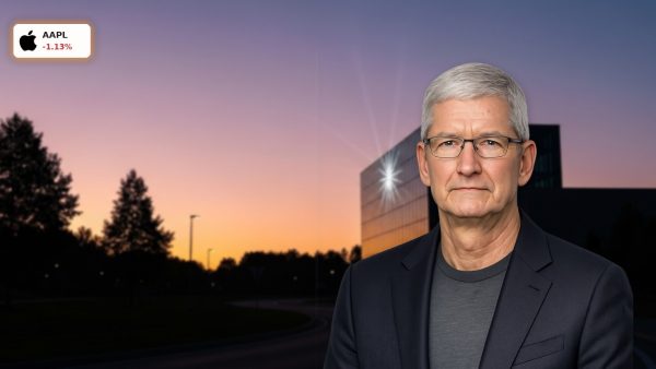 Apple Lawsuit: Apple corporate headquarters glowing at night.
