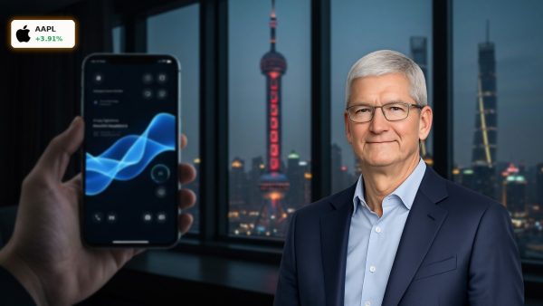 Smartphone showing AI interface with Shanghai skyline background for Apple China Approval.