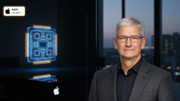 Apple OpenAI Lawsuit: A glowing 3D microchip blueprint on a dark table representing stolen hardware trade secrets.