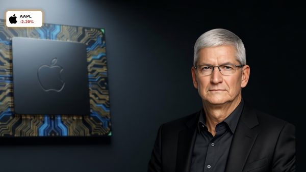 A sleek Apple Silicon chip with glowing circuits, representing the hardware driving the historic Apple Record valuation.