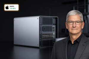 Apple US manufacturing focus with Mac mini and AI server hardware in a modern American factory setting