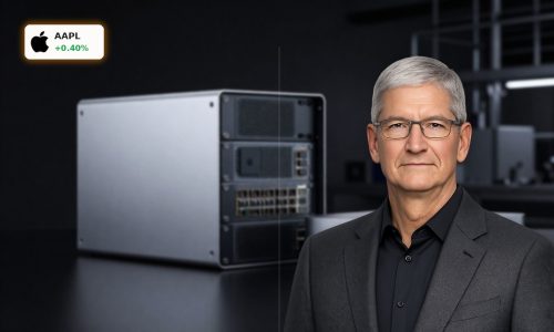 Apple US manufacturing focus with Mac mini and AI server hardware in a modern American factory setting