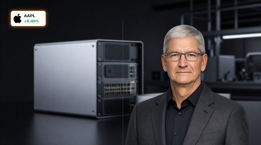 Apple US manufacturing focus with Mac mini and AI server hardware in a modern American factory setting
