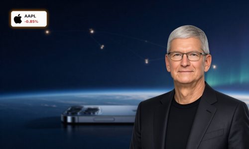 Apple Satellite Strategy concept with iPhone and low Earth orbit satellite network in dramatic sky