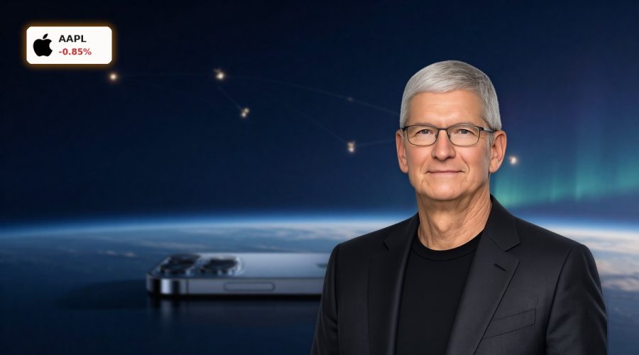 Apple Satellite Strategy concept with iPhone and low Earth orbit satellite network in dramatic sky