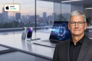 Futuristic Apple-style devices on desk symbolizing Apple AI Strategy and edge AI focus