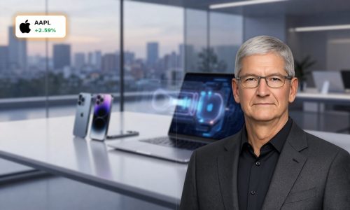 Futuristic Apple-style devices on desk symbolizing Apple AI Strategy and edge AI focus