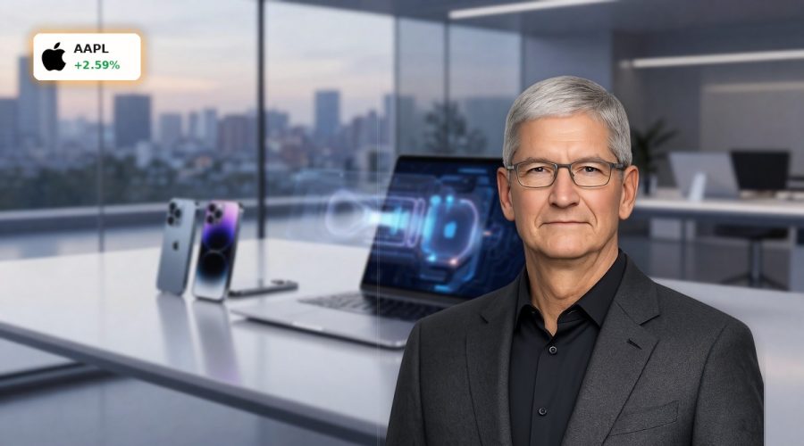 Futuristic Apple-style devices on desk symbolizing Apple AI Strategy and edge AI focus