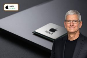 Apple Chip Deal concept with Apple silicon processor and Intel wafer reflections highlighting new AI supply chain strategy