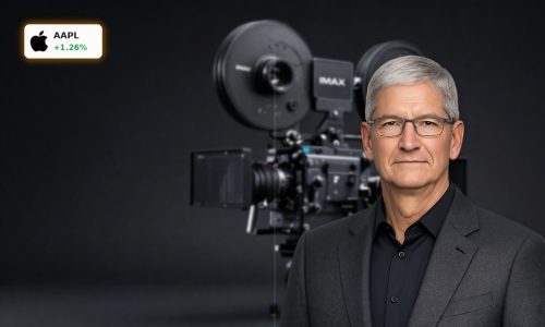 Apple IMAX Acquisition concept with premium IMAX film camera gear in cinematic dark studio setting