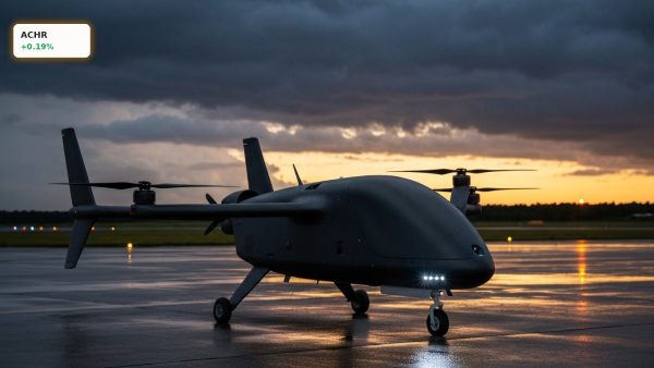 Sleek Archer Aviation Thunder military drone on a wet tarmac at dusk with glowing lights.