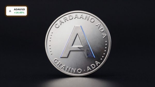 Cardano Hard Fork ADA token in premium dark studio setting with cinematic lighting