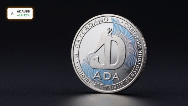 Cardano Hard Fork themed ADA coin in dark studio lighting as whale buying lifts interest before network upgrade