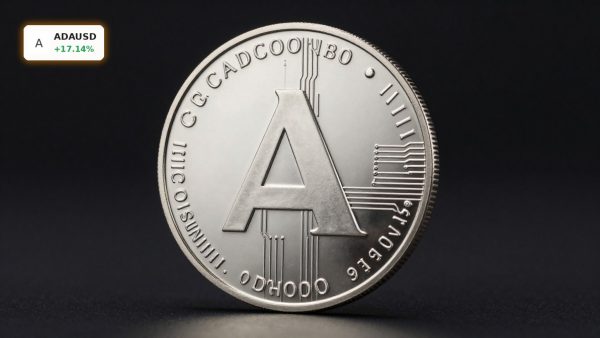 Cardano Hard Fork ADA coin in dramatic product shot with dark background and premium blockchain styling