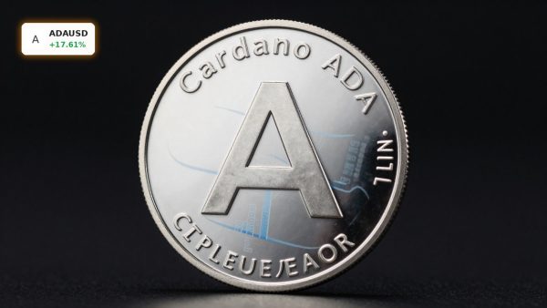 Cardano Hard Fork concept with ADA coin in dramatic lighting as whale accumulation fuels rally speculation