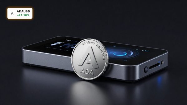 Cardano Upgrade ADA token with RealFi testnet hardware in cinematic dark product scene