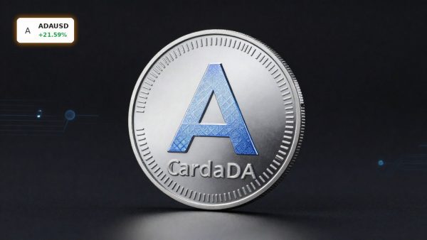 Cardano Upgrade concept with ADA coin in dramatic lighting symbolizing RealFi Testnet and whale accumulation