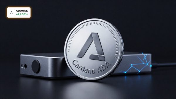 Cardano Upgrade concept with ADA coin and blockchain hardware staged for RealFi network launch