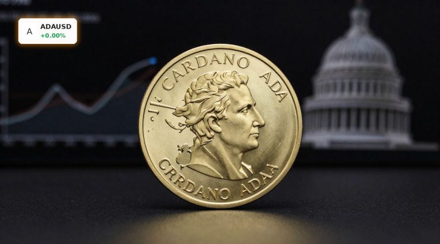 Cardano ADA coin under spotlight symbolizing Cardano Regulation clarity amid market capitulation risks