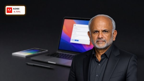 Adobe Earnings focus with Creative Cloud software on a premium workstation setup amid AI monetization scrutiny