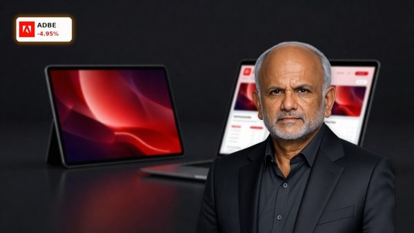 Adobe AI Strategy highlighted through Adobe Firefly and enterprise marketing tools in a premium dark product scene