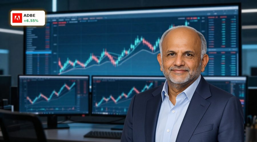 Adobe Forecast focus on ADBE stock rebound with AI-driven outlook visualized by an abstract rising candlestick chart.