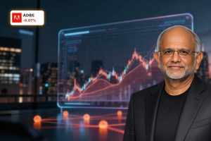 Abstract financial chart with AI data nodes symbolizing Adobe AI Agents driving 12% growth