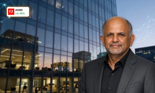 Adobe AI Strategy visualized by modern Adobe headquarters with subtle AI data patterns