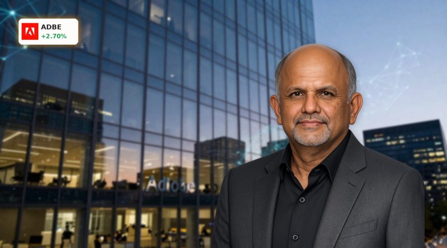 Adobe AI Strategy visualized by modern Adobe headquarters with subtle AI data patterns