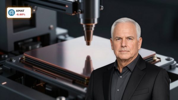 Applied Materials AI Chip Pressure on semiconductor wafer and chipmaking equipment in dramatic product-style close-up