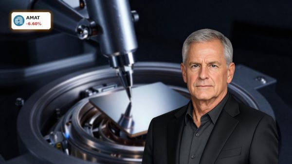 Applied Materials Semiconductor Plunge with silicon wafer and chipmaking equipment in dark cinematic setting