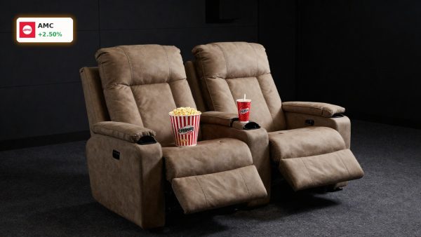 AMC Offering concept with premium cinema recliner, popcorn and drink highlighting theater upgrade strategy