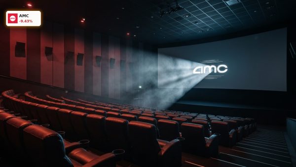 Modern empty movie theater with projector light illuminating the screen after the AMC Earnings report.