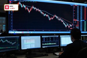 AMC Refinancing visualized with volatile stock chart and trading desk, highlighting debt risk.