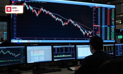 AMC Refinancing visualized with volatile stock chart and trading desk, highlighting debt risk.