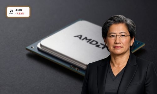 AMD AI Forecast centered on an ultra-realistic AMD-style AI accelerator chip on a dark cinematic background