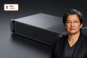 AMD TensorWave Funding highlighted by AMD AI server GPUs and data center hardware in a dark studio setting