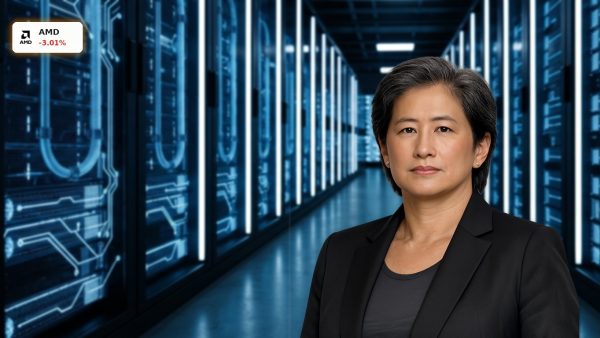A futuristic data center server room representing the intensifying AMD AI Competition and global chip demand.