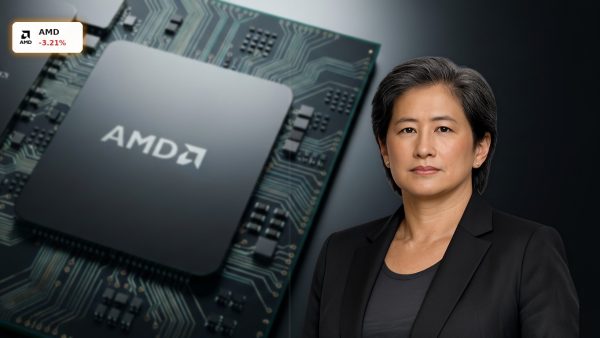 An advanced AMD AI Strategy microprocessor with glowing circuitry in a high-tech studio setting.