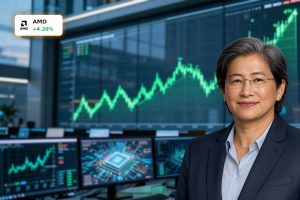 Advanced Micro Devices Forecast highlighted by a rising stock chart and AI-focused trading desk scene