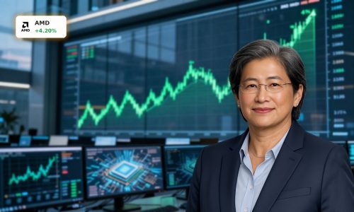 Advanced Micro Devices Forecast highlighted by a rising stock chart and AI-focused trading desk scene