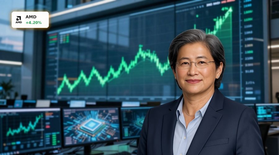 Advanced Micro Devices Forecast highlighted by a rising stock chart and AI-focused trading desk scene