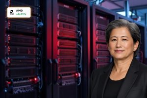 Advanced Micro Devices AI Strategy visualized through futuristic GPU and CPU-powered data center racks.